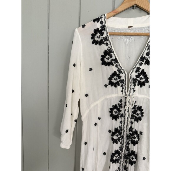 Free People Fable Embroidered Boho Midi Dress S Small White Black 3/4 Sleeves - Picture 3 of 5